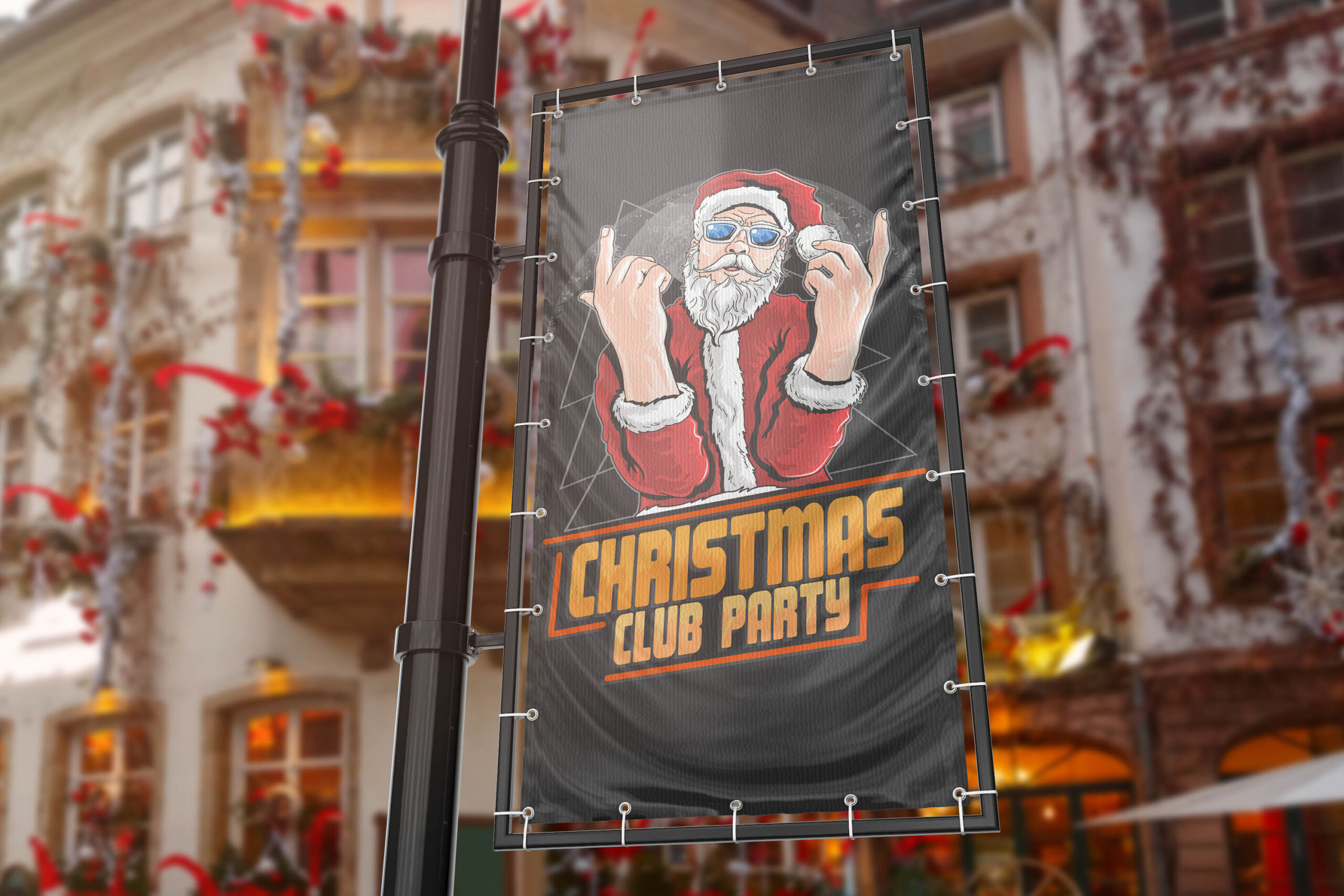 A vinyl banner promoting a Christmas party