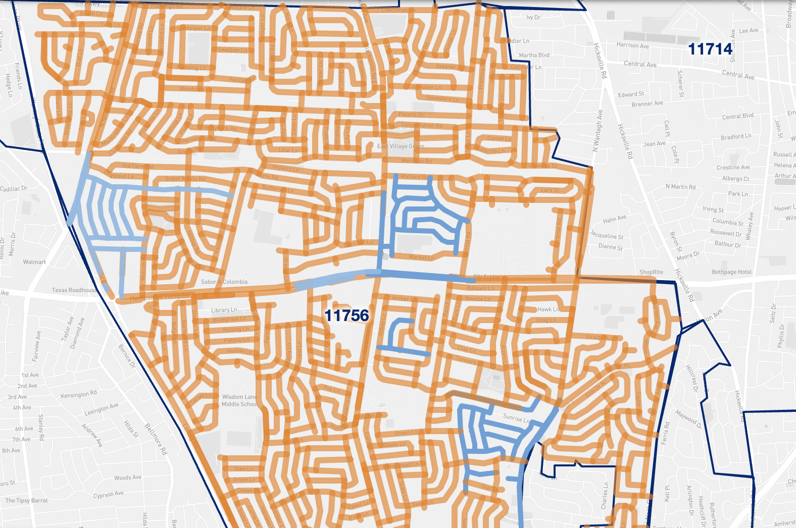 A map of Levittown showing postal routes
